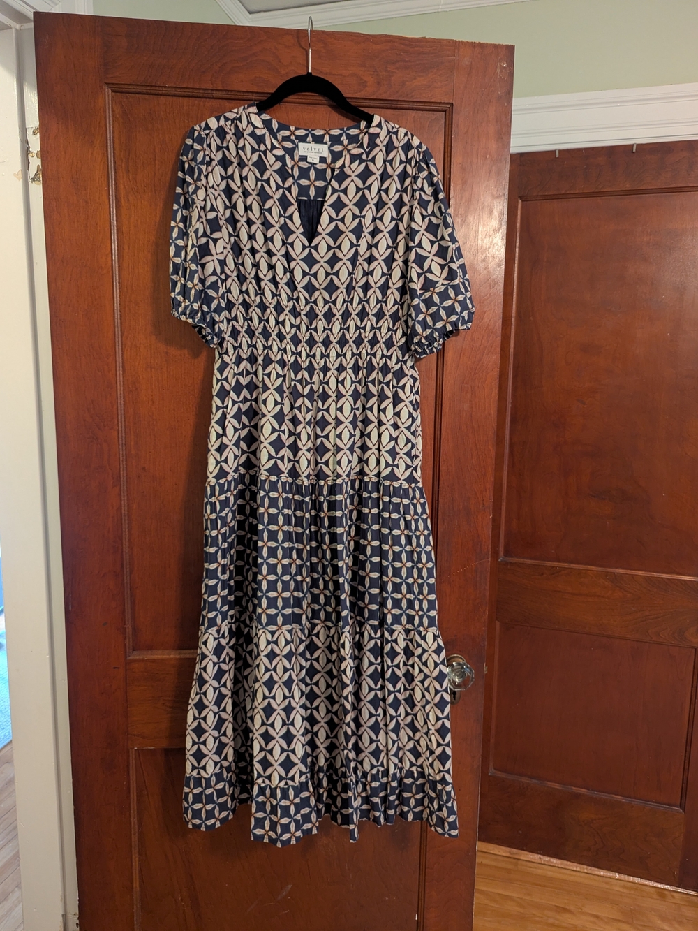 Velvet Navy and Cream Geometric Maxi Dress